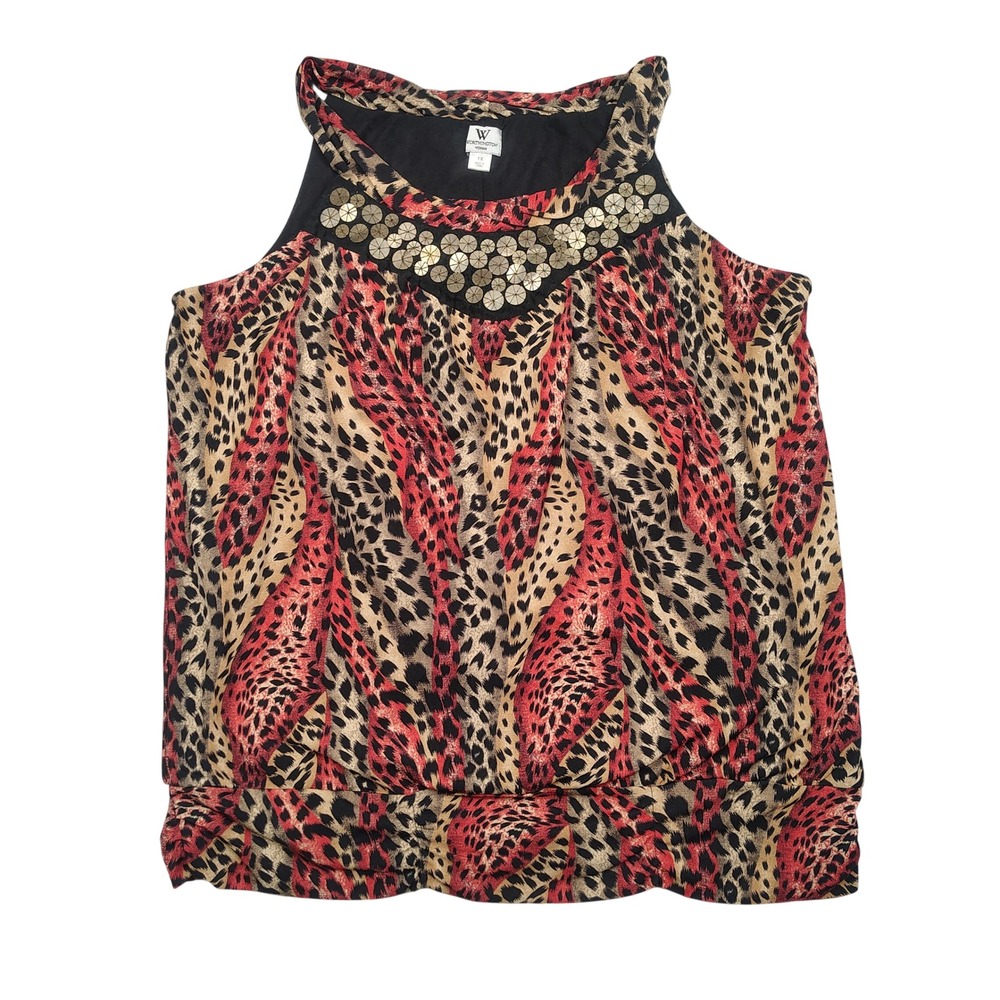 Worthington Blouse Womens 1X‎ Red Leopard Sequin Sleeveless Animal Print Nylon